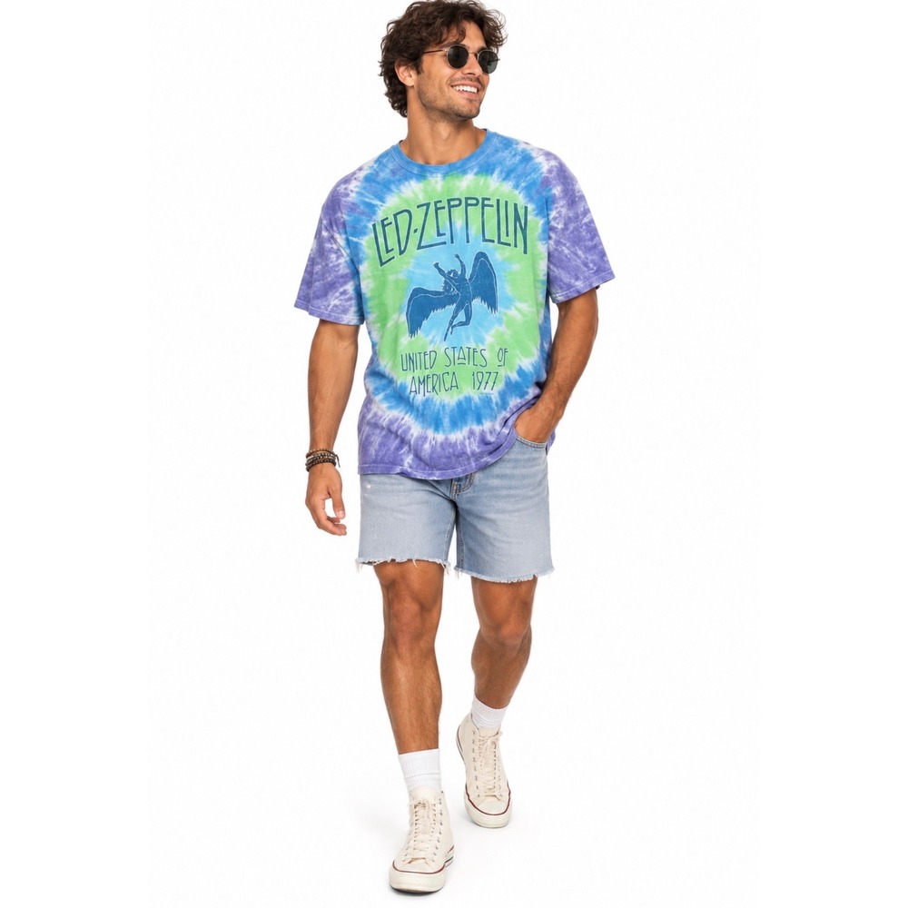 Liquid Blue Led Zeppelin 1977 US Tour Tie Dye Graphic T-Shirt Mens Size L Retro